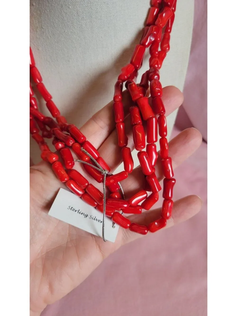 NWT Gemma C New York Layered Red Coral Long Beaded 925 Silver Necklace N1A